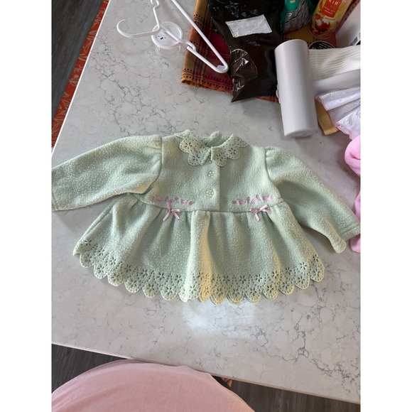 Baby Girls Mint Green Fleece Coat Jacket Floral Bows Scalloped Collar - Picture 3 of 9